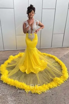 Yellow Feathers Long Train Trumpet Rhinestones Plunging Formal Dress