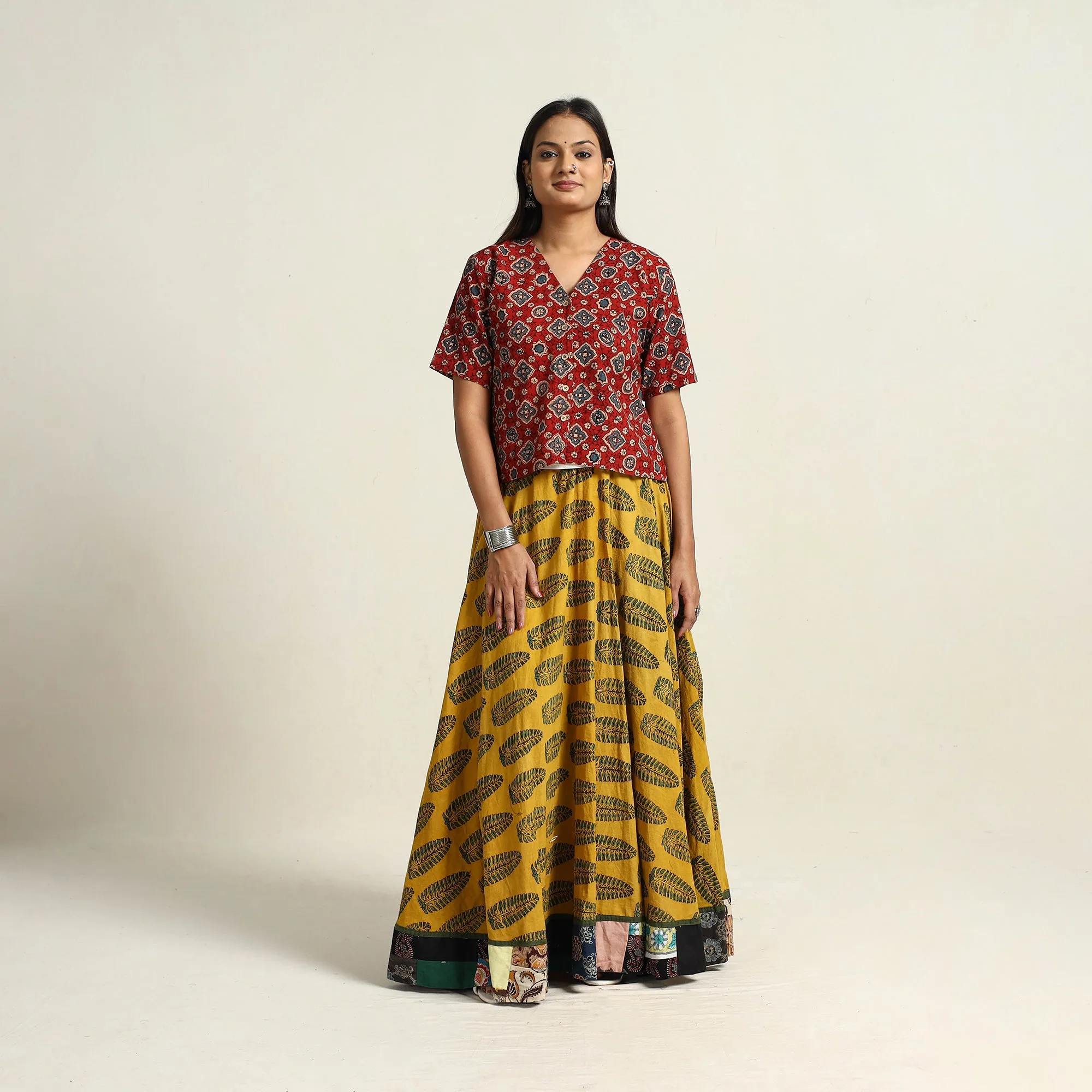 Yellow - Hand Block Printed Cotton Long Ajrakh Skirt 11