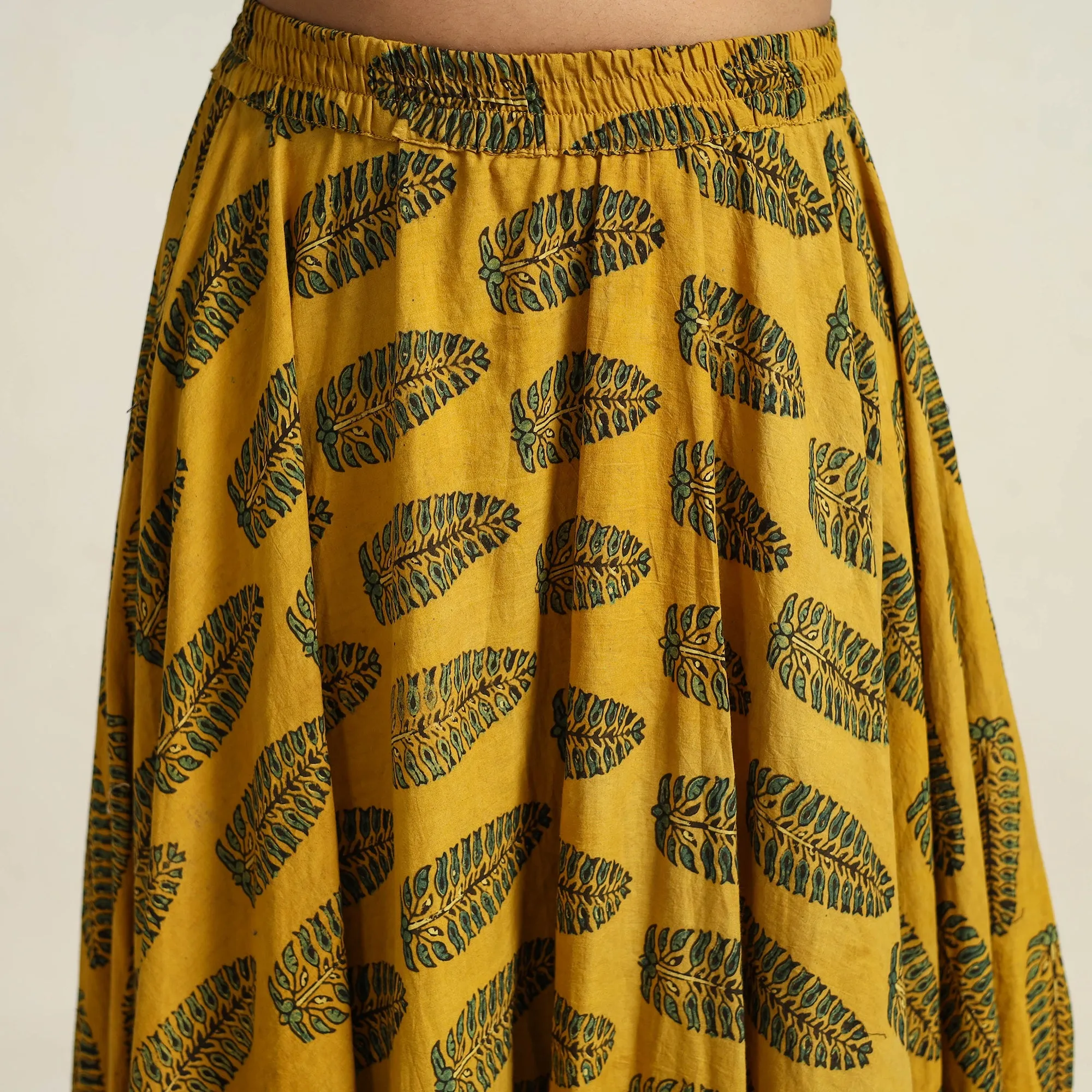 Yellow - Hand Block Printed Cotton Long Ajrakh Skirt 11