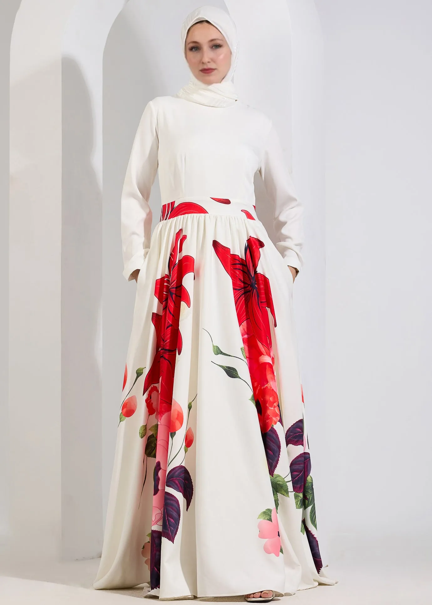 Zainab Radiant Blossom Crepe Maxi Dress with Red Floral Accents