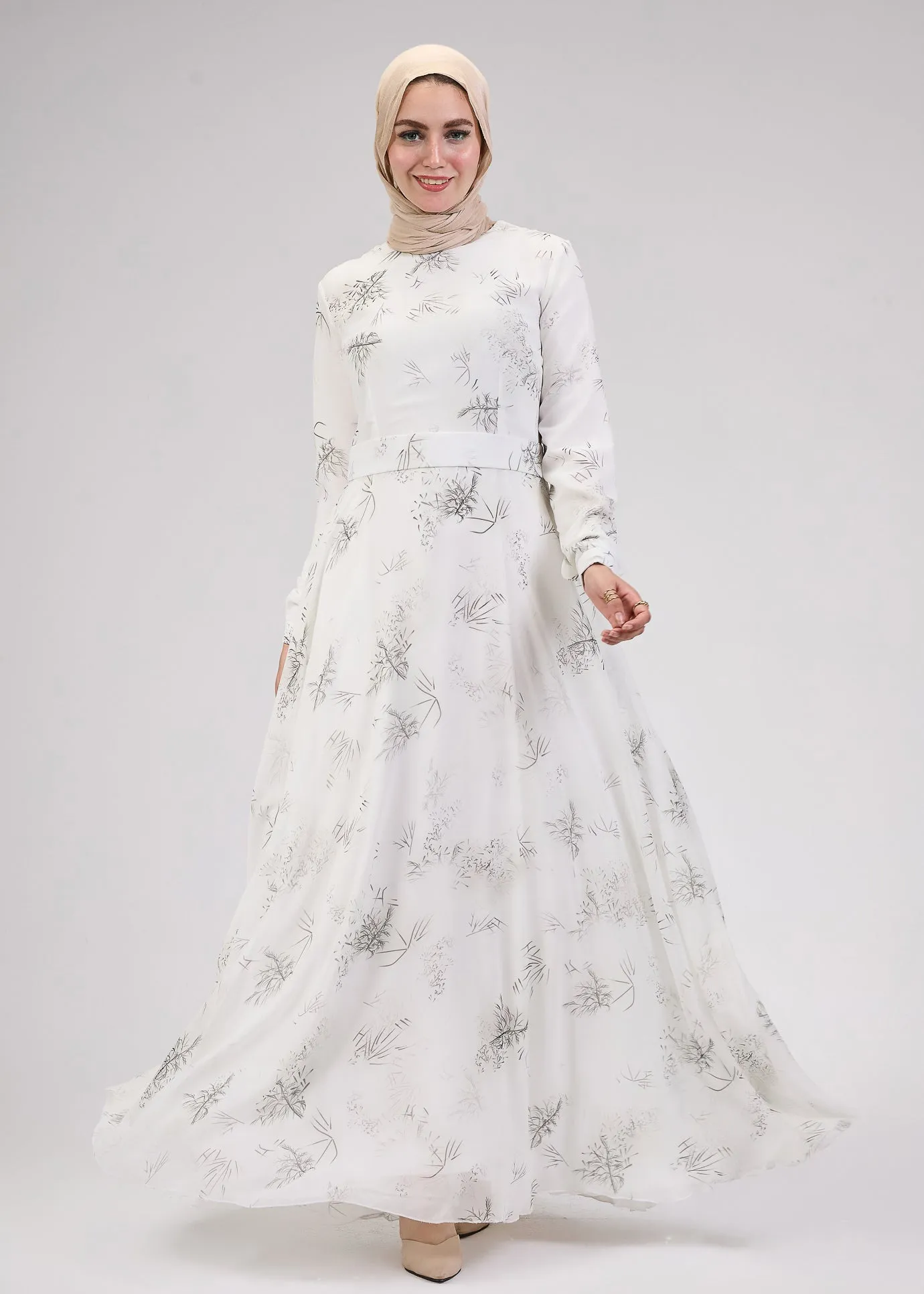 Zayneb Elegant Ivory Chiffon Maxi Dress with Floral Print