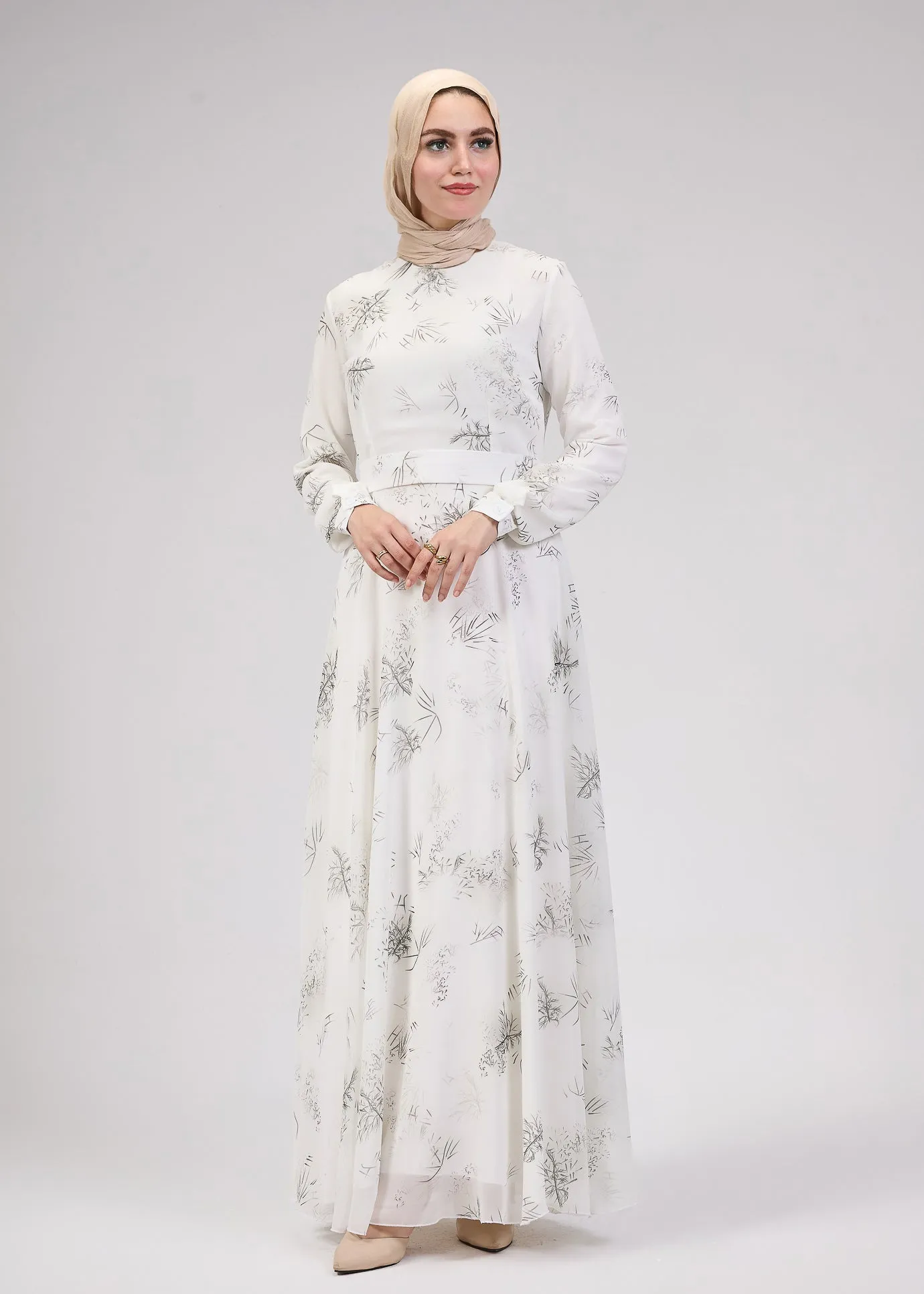 Zayneb Elegant Ivory Chiffon Maxi Dress with Floral Print